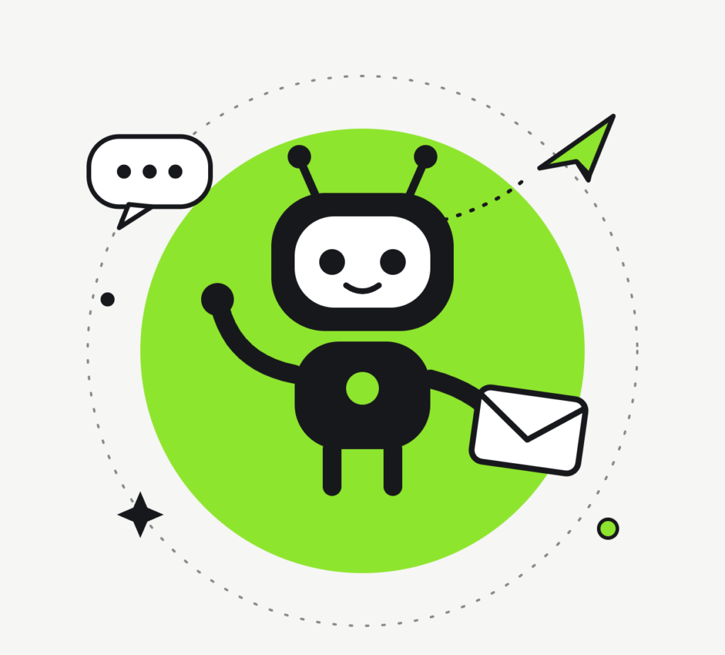 Robot mascotte con email — contatta Omnialan per il tuo progetto web